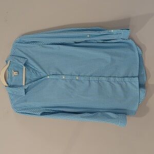 LL Bean Stretch Travel Tunic Shirt‎ Blue Beach Glass Gingham size XL